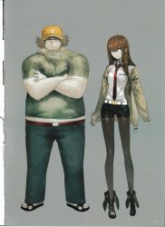  1boy 1girl absurdres arm_belt baseball_cap belt belt_buckle black_boots black_pantyhose black_shorts blue_pants boots breast_pocket breasts brown_hair brown_jacket buckle collared_shirt crossed_legs dress_shirt fat fat_man flip-flops full_body game_cg green_shirt hair_between_eyes hair_over_shoulder hashida_itaru hat highres huke jacket jacket_partially_removed leather_belt makise_kurisu midriff necktie non-web_source official_art pants pantyhose pantyhose_under_shorts pocket purple_trim red_belt red_necktie sandals science_adventure shirt short_sleeves shorts small_breasts smile standing steins;gate t-shirt tachi-e unamused violet_eyes white_belt white_shirt yellow_hat 