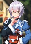  1boy ahoge blurry blurry_background bokeh choker depth_of_field fanny_pack glasses grey_hair hand_on_own_hip hand_up highres indoors long_sleeves male_focus morichika_rinnosuke open_mouth ruu_(tksymkw) semi-rimless_eyewear short_hair solo touhou under-rim_eyewear 