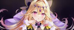  1girl aria_(ariacue) blush braid brooch commentary_request cure_arcana_shadow gradient_hair hair_between_eyes hair_intakes heart heart_brooch highres jewelry looking_at_viewer meitantei_precure! moria_luluka multicolored_hair nail_polish open_mouth pink_eyes pink_hair portrait precure revision smile solo 