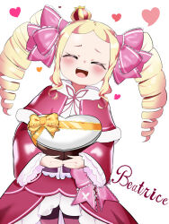  1girl :d beatrice_(re:zero) blonde_hair blush bow box capelet character_name commentary_request crown drill_hair facing_viewer hair_bow hair_ribbon heart heart-shaped_box highres long_hair long_sleeves mini_crown pink_bow re:zero_kara_hajimeru_isekai_seikatsu ribbon sidelocks simple_background smile solo sumiki_wito twin_drills white_background wide_sleeves 