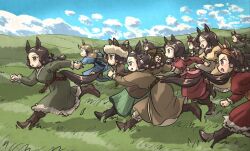  6+girls animal_ears bandana belt boots braid brown_hair clouds cloudy_sky day field grasslands hair_ornament highres hill horse_ears horse_girl horse_tail ironlily landscape long_hair long_sleeves mongolian_clothes multiple_girls open_mouth original outdoors running sky tail umamusume 