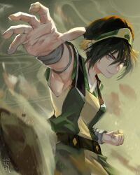  1girl absurdres aged_up ankle_cuffs avatar:_aang_the_last_airbender avatar:_the_last_airbender avatar_legends blind capri_pants commentary floating_rock geokinesis green_hairband green_pants hair_bun hairband highres muscular muscular_female pants single_hair_bun sleemonkv solo toph_beifong 