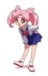  1girl :d bishoujo_senshi_sailor_moon blue_dress bow bright_pupils chibi_usa cone_hair_bun dress earrings female_child full_body hair_bun hand_on_own_hip jewelry leaning_forward long_hair long_sleeves looking_at_viewer open_mouth pink_hair pleated_dress shirt shoes simple_background smile solo tongue twintails white_background white_footwear white_pupils white_shirt yoko.u 