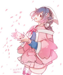  1girl adapted_costume apron artist_name bandana blue_shirt commentary_request cowboy_shot dated gradient_background gradient_hair hair_flaps headgear jingei_(cherry_blossom)_(kancolle) jingei_(kancolle) kantai_collection kirisawa_juuzou multicolored_hair neckerchief petals pink_apron pink_hair pink_sailor_collar pink_shawl pink_skirt purple_hair red_eyes sailor_collar shawl shirt skirt smile solo white_bandana white_neckerchief 