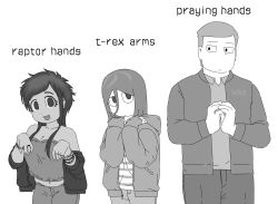  1boy 1girl 1other :3 adriana_ortega angel_martinez bracelet clinical_trial_(game) closed_mouth collarbone collared_shirt dot_nose greyscale hair_between_eyes hands_on_own_chest highres homunculus100 hood hooded_jacket jacket jewelry lee_smith long_hair long_sleeves looking_at_viewer monochrome navel off_shoulder open_clothes open_jacket open_mouth own_hands_together pants praying shirt short_hair simple_background smile striped_clothes striped_shirt white_background 