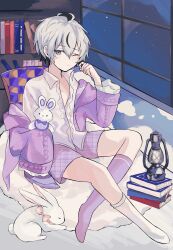  1boy absurdres black_hair book cardigan child chinen collared_shirt commentary_request grey_eyes highres hood hood_down lantern long_sleeves looking_at_viewer male_focus mismatched_socks mole mole_under_eye one_eye_closed open_mouth original pajamas purple_cardigan purple_shorts purple_socks rabbit shelf shirt short_hair shorts sky sleepy socks solo star_(sky) starry_sky stuffed_animal stuffed_rabbit stuffed_toy white_hair white_shirt white_socks 