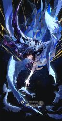  1girl bird black_hair calpi15 chinese_commentary closed_eyes columbina_(genshin_impact) commentary_request dove dress eye_mask falling genshin_impact hair_ornament head_wings highres long_hair mask multicolored_hair multiple_wings outstretched_arm pigeon purple_hair ribbon see-through_clothes see-through_mask sky smile solo star_(sky) starry_sky twitter_username two-tone_hair white_dress white_mask white_wings wings wrist_bow wrist_ribbon x-shaped_eyewear 