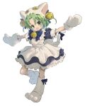  1girl absurdres animal_hat apron bell blue_bow blue_bowtie blue_dress blue_ribbon boots bow bowtie cat_hat cat_tail commentary dejiko di_gi_charat dress frills full_body green_eyes green_hair hair_bell hair_ornament hair_ribbon hat highres jingle_bell looking_at_viewer maid_apron medium_hair mittens neck_bell open_mouth outstretched_arms parted_bangs paw_shoes ribbon short_sleeves simple_background solo spread_arms standing standing_on_one_leg tail tail_ornament tail_ribbon tanakalma white_apron white_background white_footwear white_headwear white_mittens 