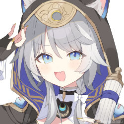  1girl animal_ear_fluff animal_ears black_gloves black_hood blue_eyes blue_hair cat_ears cat_girl cipher_(honkai:_star_rail) commentary_request ears_through_hood fang fingerless_gloves fingernails gloves grey_hair hand_up highres holding holding_scroll honkai:_star_rail honkai_(series) long_fingernails looking_at_viewer nail_polish open_mouth portrait scroll short_hair_with_long_locks simple_background skin_fang solo twitter_username uwasewau white_background yellow_nails 