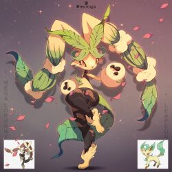  1girl animal_ears brown_fur brown_sclera character_name closed_mouth colored_sclera commentary commission english_commentary falling_petals full_body furry furry_female fusion grey_background highres leaf leafeon leg_lift leoiruga looking_at_viewer lopunny mega_lopunny mega_pokemon official_art_inset pantyhose petals pink_petals pokemon pokemon_(creature) rabbit_ears rabbit_girl simple_background solo torn_clothes torn_pantyhose two-tone_fur yellow_eyes yellow_fur 