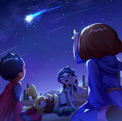  2boys 2girls animal_costume animal_ears armor black_hair blue_robe brown_hair cape cat_(miitopia) cat_boy cat_costume cat_ears chainmail cleric_(miitopia) commentary_request fake_animal_ears glasses gloves highres hood hood_down hooded_robe kneeling long_sleeves lying mage_(miitopia) meteor_shower mii_(nintendo) miitopia multiple_boys multiple_girls night on_back open_mouth outdoors red_cape red_gloves rikka_natsu_27 robe shooting_star short_hair sitting sky smile star_(sky) star_(symbol) starry_sky warrior_(miitopia) whiskers white_robe 