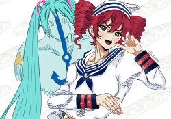  2girls aqua_hair baguette blue_sailor_collar blush bread commentary cosplay dixie_cup_hat drill_hair english_commentary food hair_between_eyes hat hatsune_miku higashikata_josuke_(jojolion) higashikata_josuke_(jojolion)_(cosplay) highres iamk1k11 jojo_no_kimyou_na_bouken jojolion kasane_teto long_hair military_hat multiple_girls open_mouth red_eyes red_hair sailor_collar sailor_shirt shirt soft_&amp;_wet stand_(jojo) twin_drills twintails utau very_long_hair vocaloid white_background white_shirt 