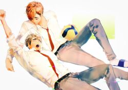  2boys arm_up ball belt black_belt blonde_hair brothers collared_shirt commentary_request grey_hair grey_pants haikyuu!! highres male_focus miya_atsumu miya_osamu multiple_boys necktie pants pmzing red_necktie school_uniform shirt shirt_tucked_in shoes siblings sideburns slippers stretching twins volleyball_(object) white_shirt white_shoes yawning 
