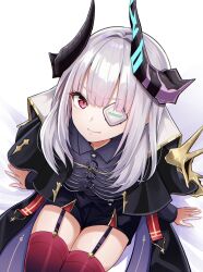  >:) 1girl arms_at_sides black_horns black_jacket black_shirt black_shorts blunt_bangs closed_mouth collared_shirt commentary cowboy_shot demon_girl demon_horns eyelashes eyepatch eyes_visible_through_hair from_above garter_straps grey_hair heaven_burns_red highres horns jacket long_hair looking_at_viewer o-ring official_alternate_costume official_alternate_hairstyle one_eye_covered open_clothes open_jacket red_eyes red_thighhighs rrtp shirt shorts simple_background sitting smile solo split_mouth straight_hair thigh-highs thigh_gap thighs v-shaped_eyebrows white_background yamawaki_bon_ivar yamawaki_bon_ivar_(proud_demon_king's_triumphant_return) zettai_ryouiki 