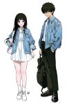  1boy 1girl alternate_costume black_hair breasts brown_eyes brown_hair casual chitanda_eru denim highres hyouka jeans long_hair long_sleeves looking_at_viewer mery_(yangmalgage) oreki_houtarou pants short_hair smile violet_eyes 