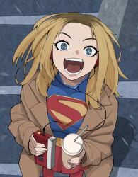  1girl absurdres blonde_hair blue_eyes blue_shirt boots brown_coat coat commentary cup dc_comics disposable_cup english_commentary headphones highres holding holding_cup long_hair long_sleeves looking_at_viewer open_mouth pencilkami red_boots red_skirt shirt skirt supergirl supergirl_(2026) superman_(series) superman_logo teeth tongue watermark 