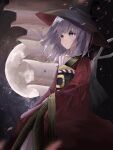  1girl black_headwear bowl bowl_hat closed_mouth commentary english_commentary full_moon hat highres japanese_clothes kimono moon night outdoors purple_hair red_kimono sash shining_needle_castle short_hair solo sukuna_shinmyoumaru touhou violet_eyes zerocf155 