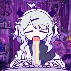  1girl ahoge artist_request bag bed bedroom black_sweater blanket blue_bag book breasts cable cellphone chair charging_device check_artist chest_of_drawers closed_eyes commentary computer_keyboard curtains dakimakura_(object) demon_horns english_commentary hair_ornament hairclip horned_headphones horns jacket large_breasts long_sleeves lowres melonbread messy_room off_shoulder office_chair open_mouth pale_skin phone pillow plastic_bag poster_(object) q-chan_(yunyun_denpa_syndrome) raised_eyebrows school_bag short_hair short_hair_with_long_locks sick sidelocks smartphone solo stuffed_animal stuffed_toy sweater swept_bangs swivel_chair trash turtleneck turtleneck_sweater typing vomit vomiting vomiting_rainbows wavy_hair white_hair white_jacket yunyun_denpa_syndrome 