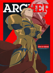  1boy armor armored_boots black_background blonde_hair boots border breastplate cape character_name commentary crossed_arms earrings english_commentary english_text fate/strange_fake fate_(series) faulds feet_out_of_frame floating_cape full_body gauntlets gilgamesh_(fate) gold_armor gold_earrings highres jewelry looking_down male_focus outside_border pauldrons red_border red_cape red_eyes short_hair shoulder_armor smile solo spiky_hair standing teeth text_background thorn_(kmconceptart) v-shaped_eyebrows waist_cape zoom_layer 