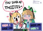  2girls animal_ear_headphones animal_ears aqua_necktie blonde_hair blue_archive bow cat_ear_headphones closed_mouth collared_shirt english_text expressionless fake_animal_ears hair_bow halo handheld_game_console headphones highres holding holding_handheld_game_console hood hooded_jacket instagram_username jacket midori_(blue_archive) momoi_(blue_archive) multicolored_clothes multicolored_jacket multiple_girls necktie nintendo_switch open_mouth playing_games score shirt siblings sisters smile speech_bubble twins twitter_username upper_body white_jacket white_shirt whitydragon wide_sleeves 