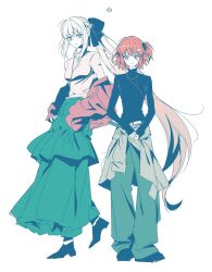  2girls 9g0_00 absurdres baggy_pants black_bow bow clothes_around_waist fate/grand_order fate_(series) fujimaru_ritsuka_(female) full_body green_pants green_skirt hair_bow hair_ornament hair_scrunchie highres jewelry light_blush light_smile long_hair long_skirt looking_at_another morgan_le_fay_(fate) multiple_girls necklace off_shoulder orange_hair pants ponytail scrunchie short_side_ponytail side_ponytail sideways_glance simple_background skirt sleeves_past_wrists turtleneck very_long_hair white_background 