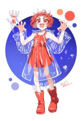  1girl absurdres air_bubble arms_up blue_background blush boots bubble commentary_request creature_and_personification dress fangs flat_chest highres jellyfish looking_at_viewer medium_hair naim0n0nedari open_mouth original personification raincoat red_boots red_dress red_eyes red_hair rubber_boots sea_angel see-through_body see-through_clothes see-through_raincoat signature skin_fangs solo tentacles thick_eyebrows two-tone_background watermark white_background 