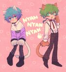  2boys :d alternate_costume animal_ears animal_hands ankle_boots annoyed aqua_eyes aqua_hair arm_at_side black_footwear blush boots brown_footwear brown_pants cat_boy cat_ears cat_tail collared_shirt dress_shirt green_hair hair_between_eyes hand_up heart heart_background hiyori_sou jacket kimi_ga_shine legs_apart long_sleeves looking_at_another looking_at_viewer low_ponytail male_focus midori_(kimi_ga_shine) multiple_boys neck_ribbon nyan oxfords pants pigeon-toed pink_background pink_jacket red_ribbon ribbon shirt short_hair simple_background sleeve_cuffs smile spiky_hair standing striped striped_pants suspenders tail uououoon vertical-striped_pants vertical_stripes white_shirt zipper 