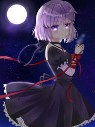  1girl arm_ribbon backlighting black_choker black_dress blush bow choker coffee commentary cowboy_shot criss-cross_halter cross_hair_ornament cup dress eyelashes eyes_visible_through_hair frilled_dress frilled_sleeves frills from_side full_body full_moon grey_hair hair_ornament halterneck hands_up highres holding holding_cup kagari_(rewrite) light_particles long_ribbon looking_at_viewer medium_hair moon moonlight night outdoors parted_lips pleated_dress puffy_short_sleeves puffy_sleeves red_bow red_ribbon rewrite ribbon short_sleeves sky solo star_(sky) starry_sky steam suzu_701kt violet_eyes wrist_bow 