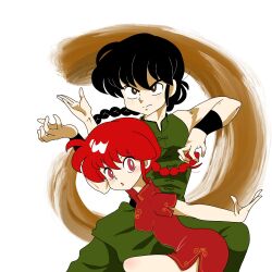  1boy 1girl :o black_hair black_wrist_cuffs braid brown_background brown_eyes butterrrmoth china_dress chinese_clothes closed_mouth commentary dress dual_persona english_commentary eyeshadow green_pants highres makeup pants pink_eyeshadow pink_lips ranma-chan ranma_1/2 red_eyes red_hair redrawn saotome_ranma single_braid split_mouth wrist_cuffs 