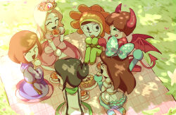  >_< 6+girls :p ^_^ aqua_bow aqua_gloves arm_up ball_hands black_hair blonde_hair blue_robe bodysuit bow brown_hair checkerboard_cookie cleric_(miitopia) closed_eyes commentary_request cookie cup curtained_hair day dress drink elbow_gloves eyelashes fake_horns fake_tail fake_wings flower_(miitopia) food gloves grass green_bodysuit green_eyes hair_bow happy highres holding holding_cookie holding_cup holding_drink holding_food horns idol_clothes imp_(miitopia_class) kneeling long_hair long_sleeves mage_(miitopia) mii_(nintendo) miitopia multiple_girls open_mouth outdoors picnic_blanket pink_dress plate polka_dot polka_dot_bow pop_star_(miitopia) princess_(miitopia_class) red_bodysuit rikka_natsu_27 robe short_hair smile tail tea teacup tiara tongue tongue_out white_gloves white_robe wings 