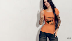  1girl 3d angel_cartel_(eve_online) arm_tattoo artist_name attack_ship_(eve_online) bare_arms battleship_(eve_online) black_hair clothes_writing collarbone commentary cowboy_shot english_commentary eve_online eyebrow_piercing face_piercing green_eyes grey_pants hair_over_one_eye hand_on_own_hip hand_up highres lip_piercing lip_ring lips long_hair looking_at_viewer machariel_(eve_online) minmatar_republic_(eve_online) niden_(nidensommer) nidensommer nose orange_shirt original pants piercing pirate_faction_(eve_online) print_shirt realistic shadow shirt short_sleeves simple_background solo standing tattoo v white_background 