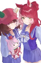  2girls absurdres animal_ears blush bow bowtie brown_hair buiu closed_mouth commentary_request hand_puppet hat highres horse_ears horse_girl horseshoe_ornament long_hair long_sleeves looking_at_viewer loves_only_you_(umamusume) marche_lorraine_(umamusume) medium_hair multicolored_hair multiple_girls newsboy_cap pink_eyes pleated_skirt puppet purple_sailor_collar purple_skirt red_hair red_hat sailor_collar sailor_shirt school_uniform shirt simple_background skirt smile streaked_hair tracen_school_uniform umamusume white_background white_bow white_bowtie white_streaks yellow_eyes 