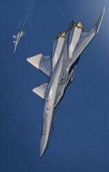  ace_combat ace_combat_3 aircraft airplane asterozoa blue_background blue_sky canards commentary contrail day english_commentary fictional_aircraft fighter_jet film_grain flying highres military_vehicle sky thrusters vehicle_focus xfa-36a 