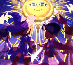  2boys 2girls absurdres animal_costume animal_ears armor black_hair blue_hat blue_robe boots brown_boots brown_hair cape cat_(miitopia) cat_boy cat_costume cat_ears chainmail claws cleric_(miitopia) closed_mouth commentary_request darkest_lord_(miitopia) eyelashes fake_animal_ears from_behind glasses glint glowing green_eyes grey-framed_eyewear hat helm helmet highres holding holding_staff holding_sword holding_wand holding_weapon mage_(miitopia) mii_(nintendo) miitopia multiple_boys multiple_girls red_cape rikka_natsu_27 robe short_hair smile sparkle spoilers staff standing sword twintails wand warrior_(miitopia) weapon whiskers white_hat white_robe witch_hat 