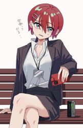  1girl amate_yuzuriha aqua_eyes black_skirt breasts business_suit cellphone collared_shirt commentary_request formal_clothes gundam gundam_gquuuuuux hair_ornament holding holding_phone id_card long_sleeves name_tag o6nuqm office_lady open_mouth phone red_hair shirt short_hair sitting skirt skirt_suit smartphone solo suit white_background white_shirt 