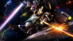  absurdres alternate_form asteroid beam_cannon beam_rifle copyright_notice damaged debris earth_federation energy_beam energy_gun energy_sword gundam gundam_battle_operation_2 gundam_unicorn highres lens_flare mecha mecha_focus mobile_suit nebula no_humans official_art painting_(medium) promotional_art realistic rezel rezel_type-c rezel_type-c_(defenser_b-unit) robot scan science_fiction shield space spacecraft star_(sky) starfighter sunrise_(company) sword tenjin_hidetaka thrusters traditional_media weapon yellow_visor zero_gravity 
