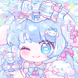  1girl :3 animal_ears bai_gui_hua_zi blue_eyes blue_hair blush bow cameo character_hair_ornament check_copyright cinnamoroll cinnamoroll_(cosplay) commission copyright_request cosplay deformed fake_animal_ears food fuwa_fuwa_cinnamoroll gelatin hair_bow hair_ornament hair_ribbon hairband highres holding holding_plate lolita_fashion lolita_hairband long_hair looking_at_viewer low_twintails mihuashi_commission one_eye_closed original pink_ribbon plate portrait ribbon sanrio solo sweet_lolita too_many_watermarks twintails watermark white_bow 