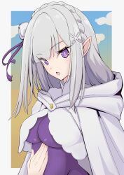  1girl absurdres blue_pupils bodysuit braid breasts cloak clouds commentary_request elf emilia_(re:zero) flower goro_yuuharu grey_hair hair_flower hair_ornament hair_ribbon hand_on_own_stomach highres long_hair looking_at_viewer official_alternate_costume pointy_ears purple_bodysuit re:zero_kara_hajimeru_isekai_seikatsu ribbon under_boob violet_eyes white_cloak 