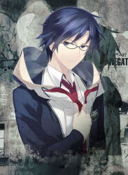 1boy black_jacket blue_eyes blue_hair chaos;child collared_shirt glasses hair_between_eyes hekiho_academy_school_uniform highres jacket long_sleeves miyashiro_takuru necktie official_art open_collar red_necktie sasaki_mutsumi school_uniform science_adventure serious shirt short_hair sumo_sticker_(chaos;child) white_shirt 