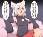 1girl :o animal_ear_fluff animal_ears armpits bare_shoulders black_shirt black_sleeves breasts couch crossed_bangs dark_persona highres inubashiri_momiji looking_at_viewer open_mouth red_eyes red_skirt shirt short_hair sitting skirt solo suwaneko tail touhou v-shaped_eyebrows white_hair wolf_ears wolf_girl wolf_tail 