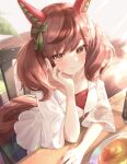  1girl absurdres animal_ears blush brown_eyes chair closed_mouth ear_covers food fork highres horse_ears horse_girl horse_tail medium_hair nice_nature_(umamusume) pancake plate redhead shirt short_sleeves sitting sky_cappuccino smile solo tail two_side_up umamusume white_shirt 