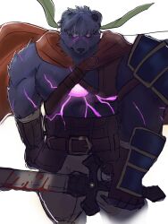  1boy alternate_costume alternate_form bear_boy blood blood_on_weapon cape closed_mouth commentary diruchi english_commentary fire fire_emblem fire_emblem_shadows furry furry_male glowing glowing_eyes green_headband headband highres holding holding_sword holding_weapon ike_(fire_emblem) ike_(radiant_merc)_(fire_emblem) looking_at_viewer male_focus red_cape simple_background solo sword violet_eyes weapon 