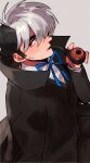 1boy beachricefield black_coat black_hair black_jack_(character) black_jack_(series) blue_ribbon coat collared_shirt grey_background highres holding holding_smoking_pipe long_sideburns long_sleeves looking_at_viewer male_focus multicolored_hair neck_ribbon open_mouth red_eyes ribbon scar scar_on_cheek scar_on_face shirt short_hair sideburns simple_background smoking_pipe solo split-color_hair two-tone_hair white_hair 