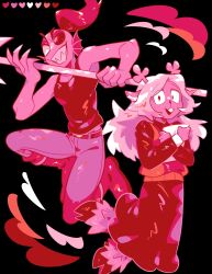  2girls alt_text antlers black_background commentary deer_antlers deer_girl deltarune eyepatch fins fish_girl furry furry_female head_fins highres holding holding_paper holding_polearm holding_weapon hooves horns kanianoreki lesbian_flag lesbian_visibility_week limited_palette long_hair multiple_girls noelle_holiday pants paper polearm ponytail shirt skirt spear sweater_vest tank_top undyne untranslatable_commentary utdr_(toby_fox) weapon 