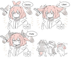  >_< 1other 2girls absurdres anger_vein animal_ears annoyed arknights cat_ears cat_girl cat_tail chibi chibi_inset clothes_grab commentary crownslayer_(arknights) doctor_(arknights) dopperu_ben ears_up fake_horns floppy_ears flying_sweatdrops goldenglow_(arknights) grabbing_another's_shirt hair_ornament hair_scrunchie hairdressing highres horns hyena_ears hyena_girl hyena_tail jacket jitome lapels messy_hair multiple_girls multiple_views open_mouth red_eyes scrunchie short_hair simple_background sketch solo_focus tail unamused untranslatable_commentary v-shaped_eyebrows white_background 