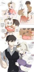  1boy 2girls absurdres aged_down ahoge animal_ears blue_eyes blue_hairband blush brown_hair doli_palta ear_covers ear_ornament ear_ribbon fang grey_hair grey_tail gym_shirt hair_between_eyes hair_ornament hairband head_only headband highres horse_ears horse_girl horse_tail imagining jacket kasamatsu_tracen_training_uniform long_hair long_sleeves multicolored_hair multicolored_hairband multicolored_jacket multiple_girls oguri_cap_(umamusume) open_mouth pants ponytail purple_jacket purple_pants purple_track_suit red_headband shirt shorts smile striped_clothes striped_hairband tail tamamo_cross_(umamusume) track_jacket track_pants track_suit trainer_(umamusume) two-tone_hairband two-tone_jacket umamusume umamusume:_cinderella_gray yellow_eyes 