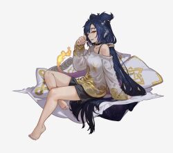  1girl black_shorts commentary constellation constellation_hair_ornament dragon_girl dragon_horns dragon_tail english_commentary feet fire flame-tipped_tail grey_horns hair_between_eyes highres horns indie_virtual_youtuber long_hair open_mouth paintrfiend purple_nails shorts sitting starry_hair sweater tail toes twintails very_long_hair vienna_(vtuber) virtual_youtuber white_background white_sweater 