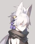  1boy ahoge animal_ear_fluff animal_ears bell black_shirt bow brown_scarf closed_mouth commentary_request expressionless eyes_visible_through_hair fox_ears grey_background guillotine_cross_(ragnarok_online) hair_bell hair_between_eyes hair_bow hair_ornament jingle_bell kusabi_(aighe) long_bangs looking_afar male_focus official_alternate_costume pink_eyes purple_bow ragnarok_online scarf shirt simple_background sleeveless sleeveless_shirt solo torn_scarf upper_body white_hair 
