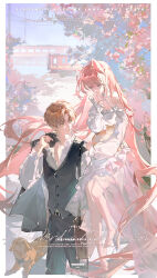  1boy 1girl absurdres animal animal_ears bag barefoot belt black_belt black_jacket black_pants black_vest blue_eyes border branch brown_bag calico_(pattern) calico_cat carrying carrying_person cat cat_ears cat_girl cherry_blossoms chinese_commentary closed_mouth commentary_request cowboy_shot criss-cross_halter curtained_hair day dog dress earrings english_commentary extra_ears eye_contact finger_to_mouth flower frilled_dress frills full_body green_eyes halterneck highres holding holding_animal holding_cat holding_unworn_clothes holding_unworn_jacket huihui_que jacket jacket_over_shoulder jewelry light_and_night_love long_hair long_sleeves looking_at_another looking_to_the_side medium_dress mixed-language_commentary oc_x_canon off-shoulder_dress off_shoulder open_collar orange_hair original outdoors outside_border pants parted_bangs parted_lips pink_flower pink_hair satchel shirt short_hair shushing sitting_on_arm smile standing stud_earrings train unworn_jacket very_long_hair vest white_border white_dress white_shirt xia_mingxing 