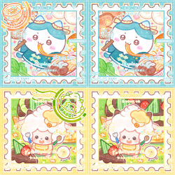 1boy 1other :3 animal_ears bai_gui_hua_zi cake cat_ears cat_tail character_name chibi chibi_only chibikemo chiikawa chinese_clothes commission eating food fork furry furry_male hachiware_(chiikawa) holding holding_fork holding_knife horns knife lan_yangyang mihuashi_commission noodles postage_stamp postage_stamp_(medium) sheep_boy sheep_ears sheep_horns tail too_many_watermarks watermark xiyangyang_yu_huitailang 